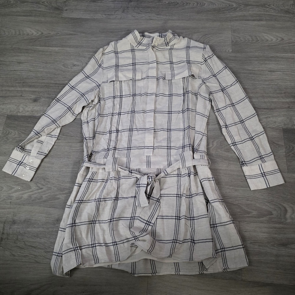 Reiss Tan‎ Dasha Windowpane Plaid long sleeve shirt dress 10 NWT